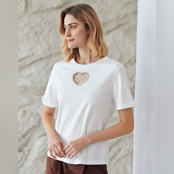 White Short Sleeve Shirt with Cut Out Rhinestone Heart - Picture 8 of 9